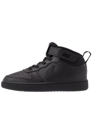 Zwarte Nike hoge sneakers met leren buitenkant, ronde neus, gaasaccenten en een verstelbare band rond de enkel voor een veilige pasvorm.