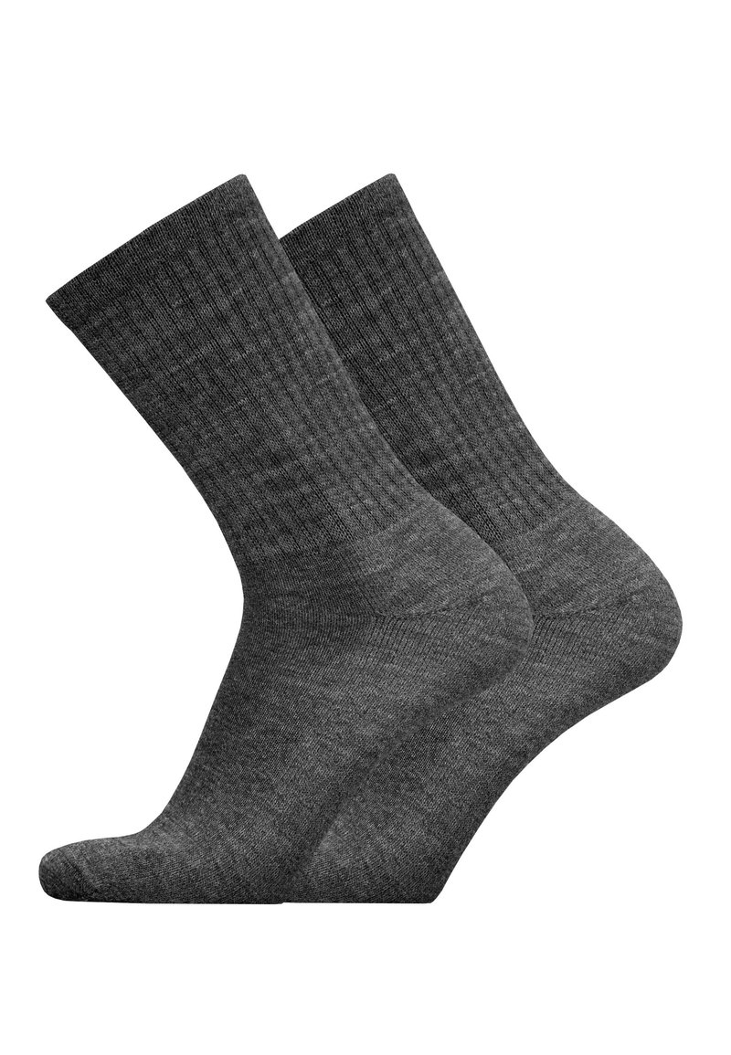 Graue gerippte Socken aus weichem Material, mit mittellanger Wadenlänge und einer glatten Textur, verstärktem Zehen- und Fersenbereich.