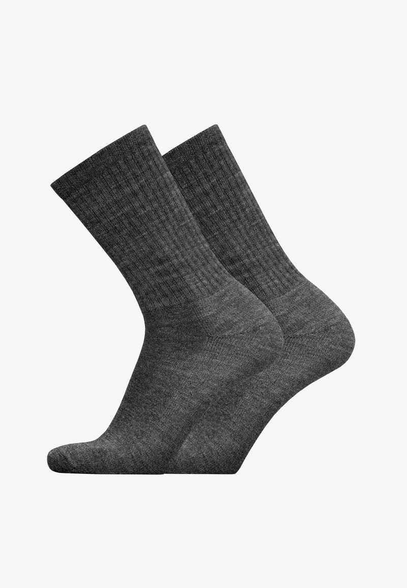 Gray ribbed socks made of soft material, featuring a mid-calf length and a smooth texture with a reinforced toe and heel.
