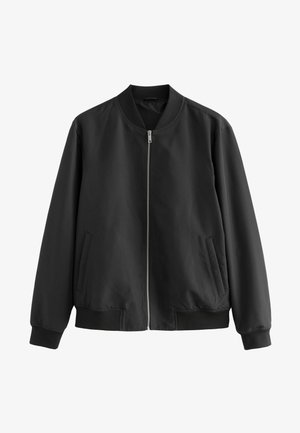 Veste bomber noire en tissu lisse, dotée d'une fermeture éclair sur le devant, d'un col et de poignets côtelés, ainsi que de deux poches latérales.