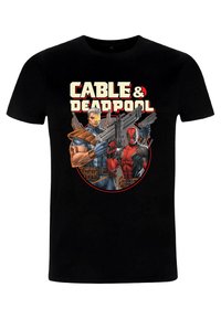 Sort bomulds T-shirt med et farverigt grafik af to tegneseriefigurer, Cable og Deadpool, der holder våben, indrammet i en cirkel.