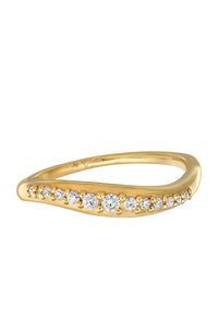 Goldring mit einem glatten, geschwungenen Band, das eine Reihe von klaren, runden Kristallen in einem funkelnden, wellenförmigen Design enthält.