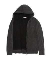 Cardigan à capuche gris avec texture côtelée, fermeture éclair et doublure en polaire noire. Présente une broderie SCOTT-NYC sur le devant.