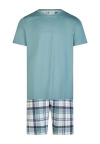 Modré bavlněné tričko s krátkým rukávem, párované s kostkovanými šortkami v mátové, námořnické a bílé barvě. Obsahuje logo na hrudi a elastický pas.