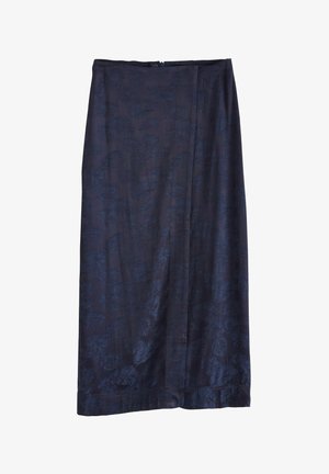 Laivastonsininen midi-hame, joka on valmistettu sileästä kankaasta ja siinä on hienovarainen lehväkuvio. Hameessa on vetoketjusuljenta ja suora leikkaus.