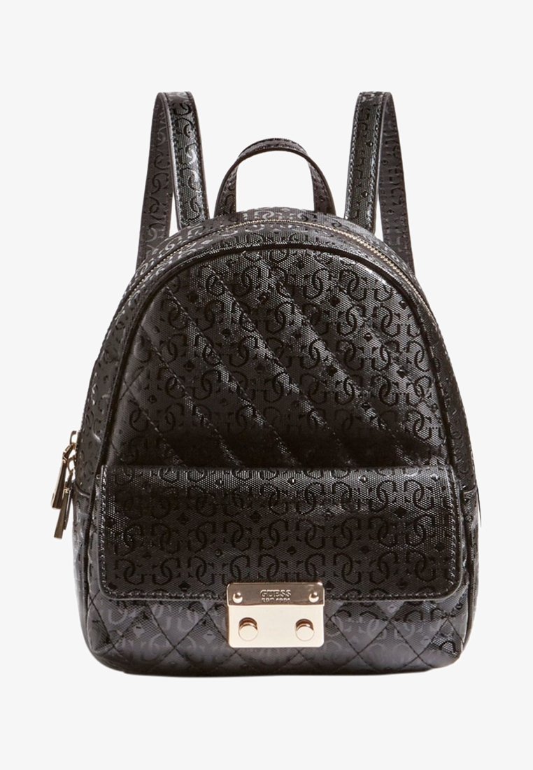 Mini sac à dos matelassé noir avec motif embossé, poche avant, fermoir rectangulaire doré et bretelles réglables.
