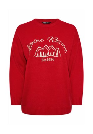 Maglione rosso lavorato a maglia con scollatura a girocollo, con la scritta "Alpine Resort" e un grafico delle montagne in bianco, dotato di polsini e orlo a coste.