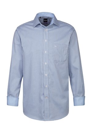 Hemd in hellblauem Karomuster mit langen Ärmeln und einem Button-Down-Kragen. Verfügt über eine Brusttasche und kontrastierende hellblaue Manschetten.
