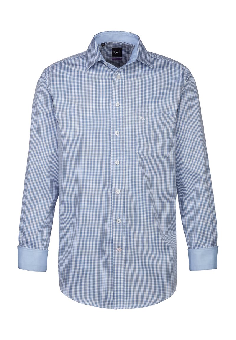 Camicia a quadri leggeri blu con maniche lunghe e colletto button-down. Presenta una singola tasca sul petto e polsi in un blu chiaro a contrasto.