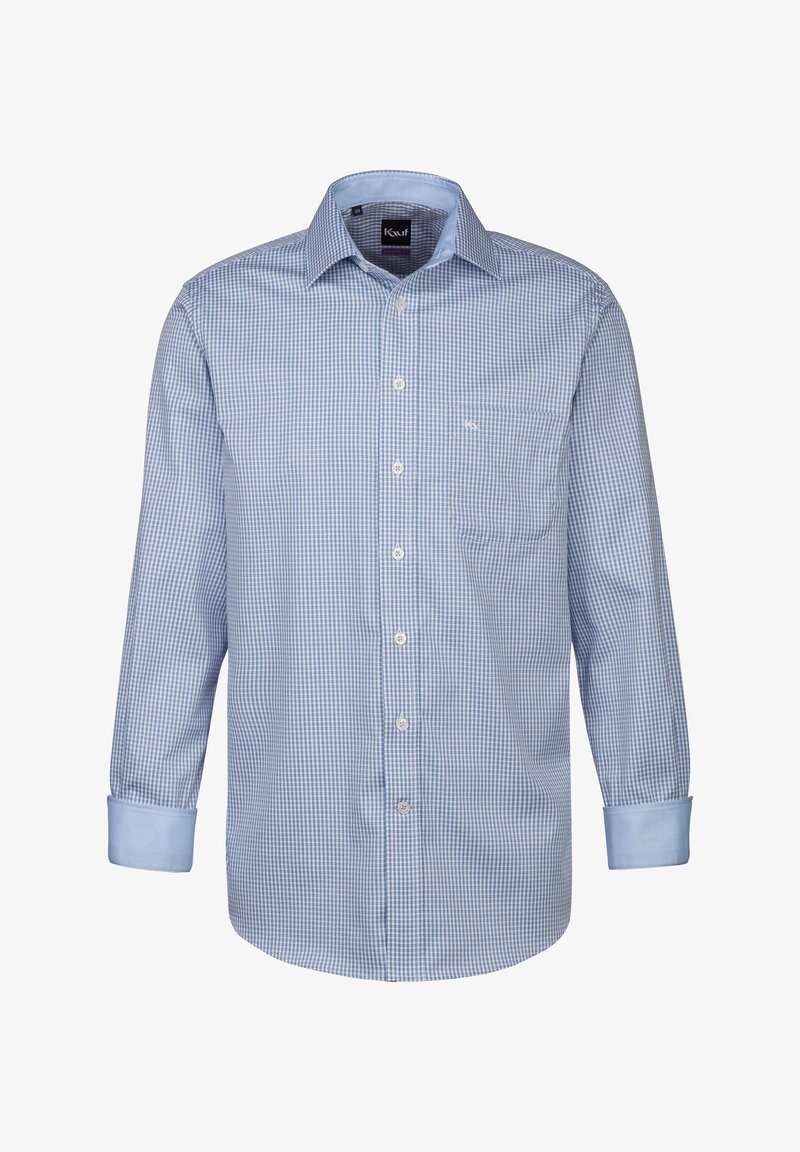 Camicia a quadri leggeri blu con maniche lunghe e colletto button-down. Presenta una singola tasca sul petto e polsi in un blu chiaro a contrasto.