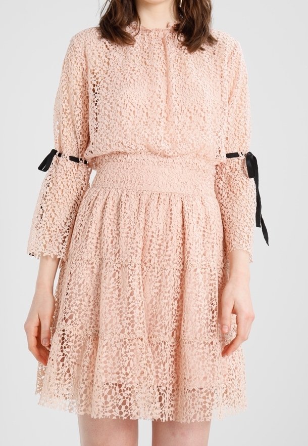 Abito in pizzo di un delicato rosa con maniche lunghe, vita arricciata, gonna svasata e dettagli in nastro nero sulle maniche. Presenta una texture in pizzo intricata.