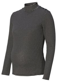 Svart och vit randig polokrage med långa ärmar, med knappar vid axlarna och en figurnära design.