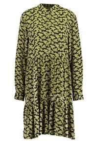 Svart klänning med ett gult blommönster, långärmade, mandarin-krage och en volangkant för extra detaljer och textur.