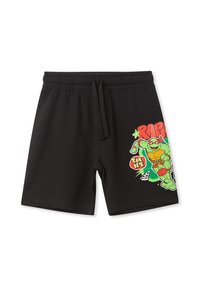 Pantaloni corti neri in misto cotone con vita elastica e cordoncino. Presentano una grafica colorata delle Tartarughe Ninja su un lato.