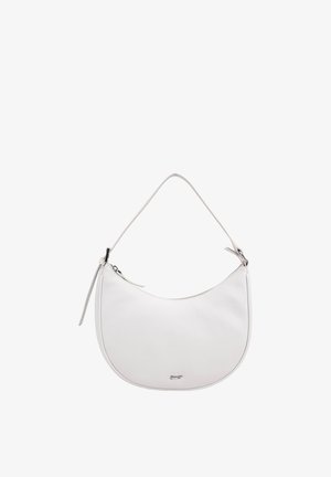 Sac à main en cuir blanc en forme de croissant avec une seule lanière, une fermeture éclair argentée et un petit logo métallique au centre avant.