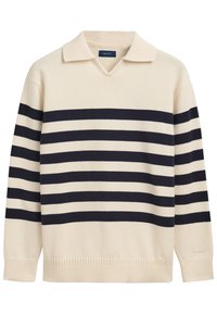 Maglione cremoso a scollo a V con strisce orizzontali blu navy, dotato di un colletto e con una lavorazione a costine sui polsini e sull'orlo.