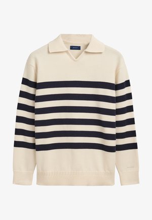 Cremefarbener V-Ausschnitt-Pullover mit marineblauen horizontalen Streifen, ausgestattet mit einem Kragen und strukturiertem Rippenmuster an den Bündchen und am Saum.