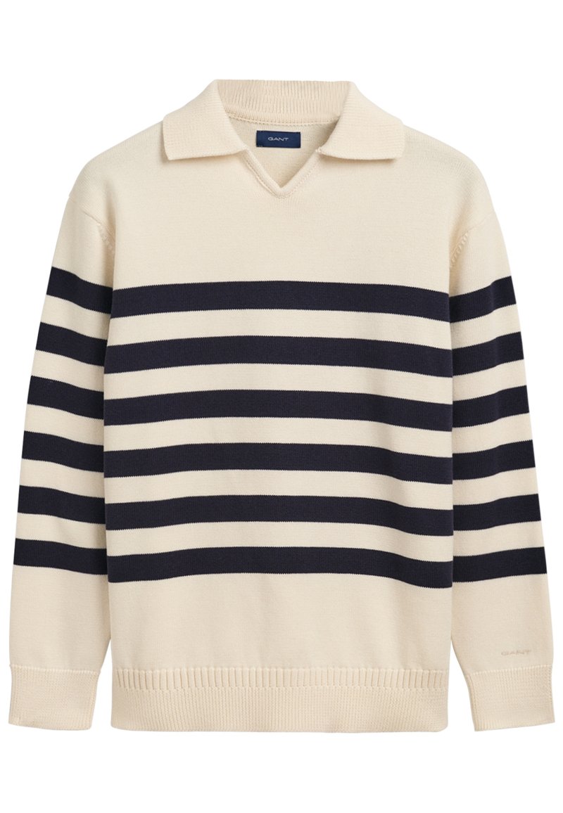 Maglione cremoso a scollo a V con strisce orizzontali blu navy, dotato di un colletto e con una lavorazione a costine sui polsini e sull'orlo.