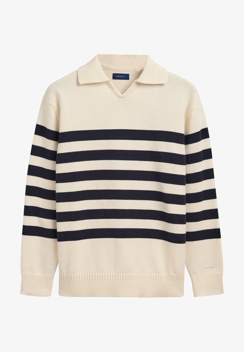 Maglione cremoso a scollo a V con strisce orizzontali blu navy, dotato di un colletto e con una lavorazione a costine sui polsini e sull'orlo.