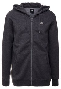 Tmavě šedá mikina na zip s předními kapsami, kapucí na šňůrku a malým logem Vans na hrudi a štítkem na vnitřní části límce.