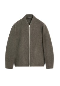 Giacca bomber in lana grigia con colletto arrotondato, chiusura frontale con zip e tasche laterali. Texture liscia e design minimalista.