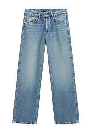 Jeans azzurri a gamba larga realizzati in denim. Presentano cinque tasche, chiusura con bottone e una leggera scoloritura che conferisce un aspetto strutturato.