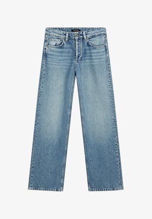 Jeans azzurri a gamba larga realizzati in denim. Presentano cinque tasche, chiusura con bottone e una leggera scoloritura che conferisce un aspetto strutturato.