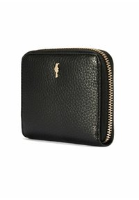 Czarny portfel z teksturowanej skóry z złotym zamkiem i małym złotym emblematem z przodu, sfotografowany na białym tle.