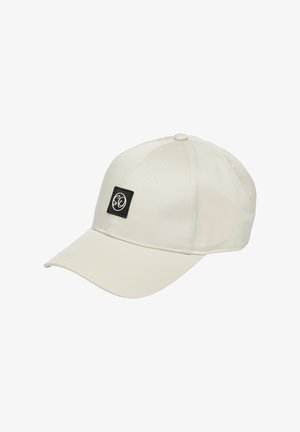 Biała czapka baseballowa z usztywnioną koroną, zakrzywionym daszkiem i czarną kwadratową łatką z logo z przodu. Tkana tkanina, klasyczny design.