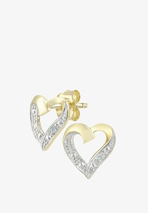 Kultaiset ja hopeiset sydämenmuotoiset nappikorvakorut, joissa läpikuultavat yksityiskohdat ja pienet kimaltavat koristeet lenkitettyä kuviota mukaillen.