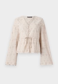 Light beige embroidered blouse with a V-neck, long bell sleeves, tie waist, and scalloped hem, featuring embroidered floral patterns throughout.
