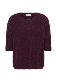 Purpurowy sweter dzianinowy o luźnym kroju, krótkich rękawach i okrągłym dekolcie. Teksturowana tkanina o miękkim wyglądzie i subtelnym wykończeniu.