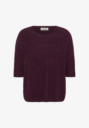 Purple knitted sweater with a relaxed fit, short sleeves, and a round neckline. Textured fabric with a soft appearance and subtle detailing.