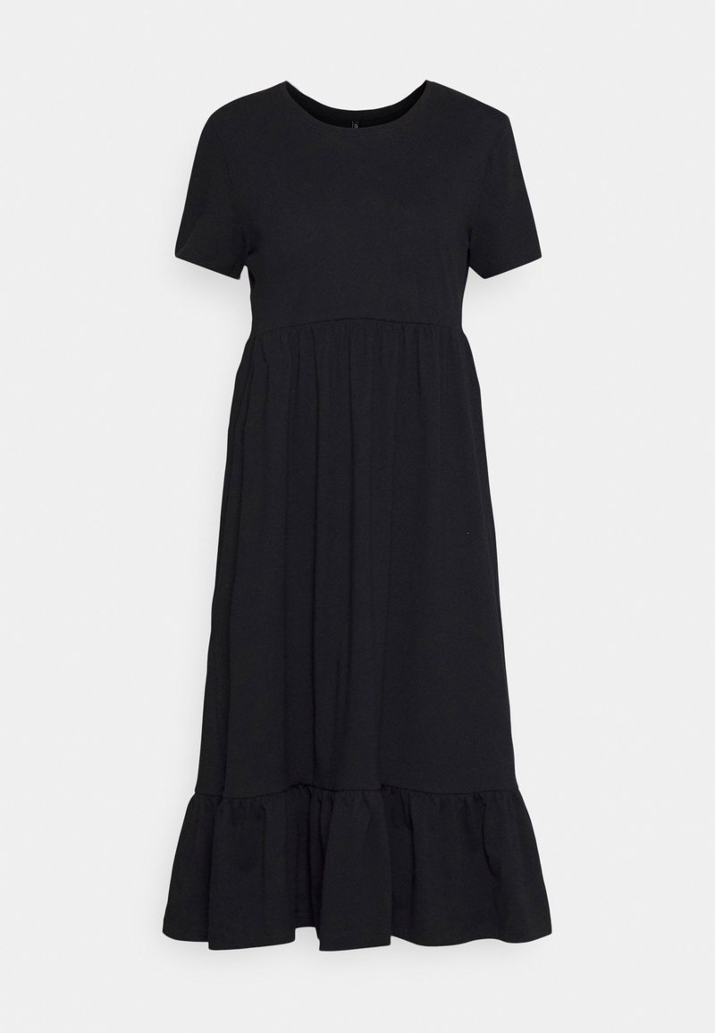 Black cotton dress with short sleeves, round neckline, and gathered waist. Features a flared hem with ruffle detail at the bottom.