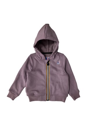 Fioletowa dziecięca kurtka z kapturem, z ściągaczami przy rękawach, przednim zamkiem błyskawicznym z wielokolorową lamówką i małym logo na piersi.