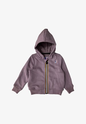 Lilla børnejakke med hætte, ribstrikkede manchetter, lynlås foran med multifarvet kant og lille logo på brystet.