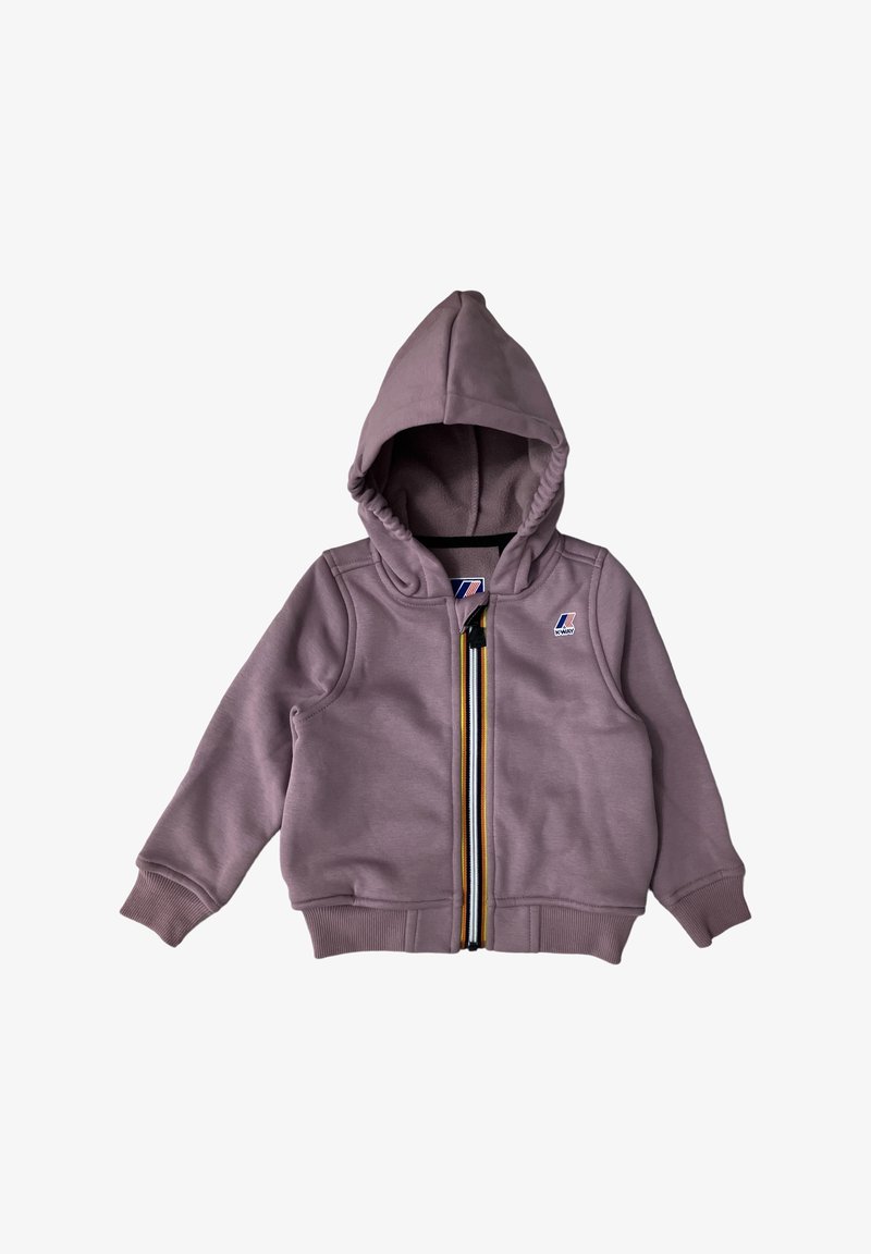 Fioletowa dziecięca kurtka z kapturem, z ściągaczami przy rękawach, przednim zamkiem błyskawicznym z wielokolorową lamówką i małym logo na piersi.