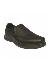 Zapato negro tipo slip-on hecho de cuero suave, con punta redonda y paneles elásticos en los lados para un acceso fácil, y suela acolchada.