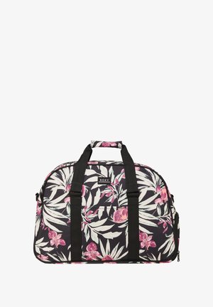 Schwarze Sporttasche mit floralem Muster aus pinken Blumen und grünen Blättern, schwarzen Tragegriffen und einem Logo-Patch mit der Aufschrift "ROXY."