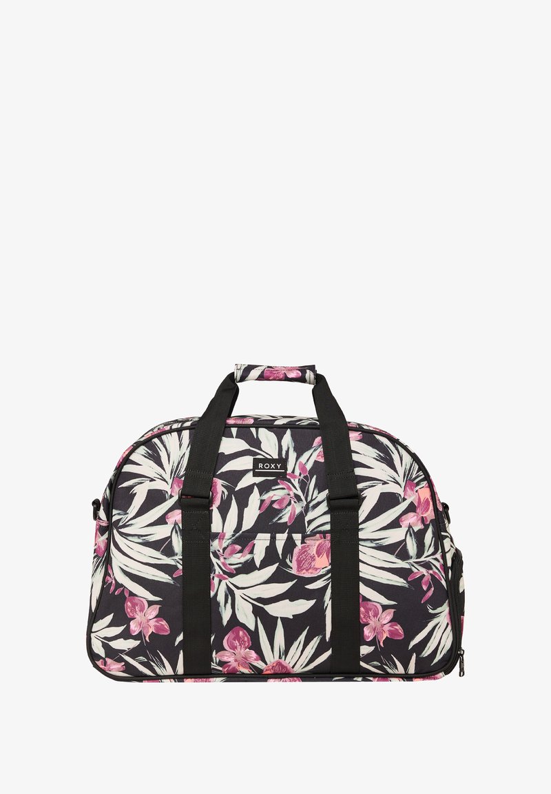 Černá taška přes rameno se květinovým vzorem s růžovými květy a zelenými listy, černými popruhy a nášivkou s logem "ROXY."