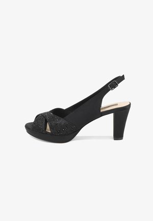 Tacchi neri open-toe con cinturino alla caviglia, caratterizzati da un design testurizzato con decorazioni nella parte anteriore e un'altezza moderata del tacco.