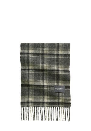 Écharpe en mélange de laine à carreaux gris et verts, avec des bords effilochés et une étiquette en tissu, présentant des rayures alternées de couleurs claires et foncées.