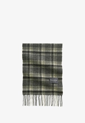 Gray and green plaid scarf in wool blend, featuring frayed edges and a fabric label, with alternating stripes of light and dark colors.