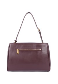 Borsa in pelle bordeaux con design strutturato, dotata di tasca con zip sul davanti e una singola tracolla regolabile.