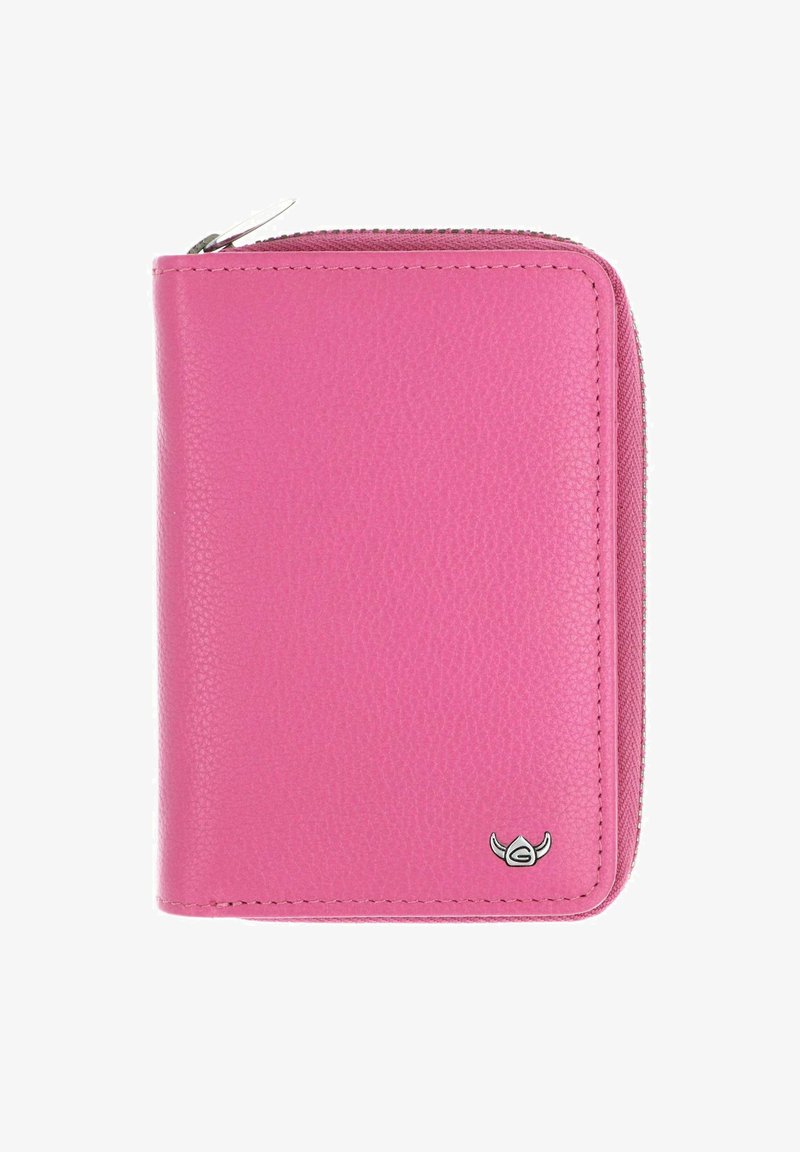 Portefeuille en cuir rose vif à fermeture éclair tout autour avec surface texturée et petit emblème argenté en bas à droite.