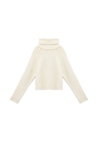 Suéter de cuello alto crema con un grueso ribete en el cuello y un tejido texturizado, con mangas raglán y un dobladillo corto. Material suave y acogedor.