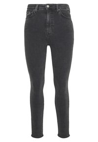Černé skinny džíny s vysokým pasem vyrobené z denimu, s zipovým rozparkem, knoflíkovým zapínáním a tonálním prošitím podél švů.