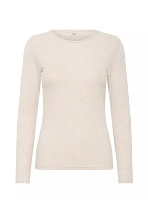 Top a maniche lunghe color crema a coste con scollo rotondo, silhouette aderente e piccola etichetta del marchio all'interno del colletto posteriore.