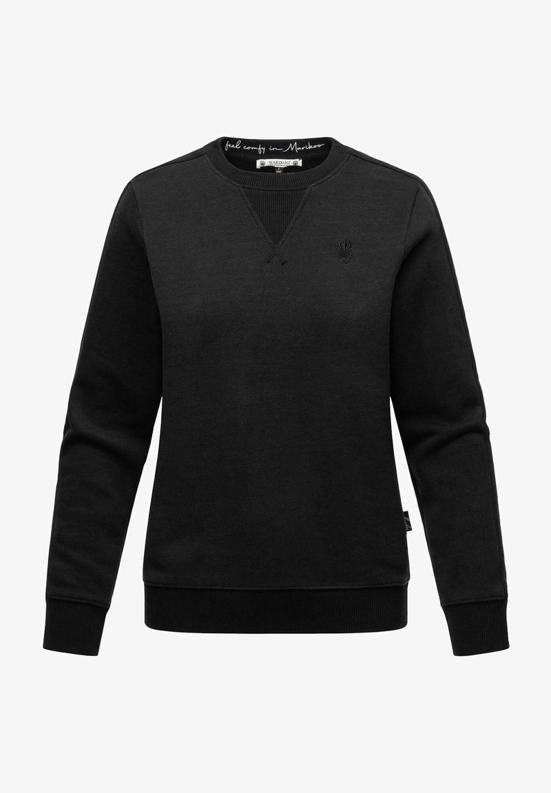 Czarna bluza z okrągłym dekoltem, z ribbowanymi mankietami i dołem, wyhaftowanym logo na klatce piersiowej oraz miękkim, teksturowanym materiałem.