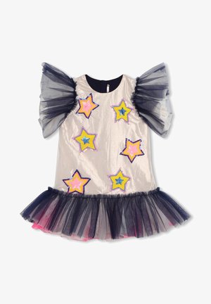 Kinderjurk met doorschijnende pofmouwen en zoom, met kleurrijke pailletten in de vorm van sterren op een lichte glanzende stof.